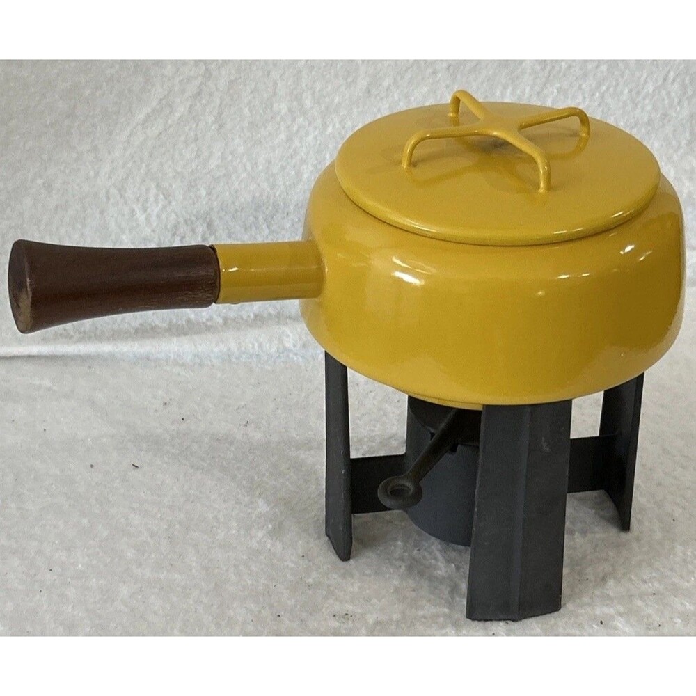 Vintage Dansk Yellow Enamel Kobenstyle Fondue w/ Cast Iron Stand Warmer
